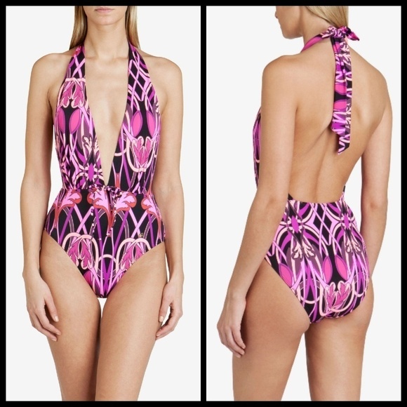 💕TED BAKER💕 Linear Pattern Deep Plunge Swimsuit - Picture 1 of 8